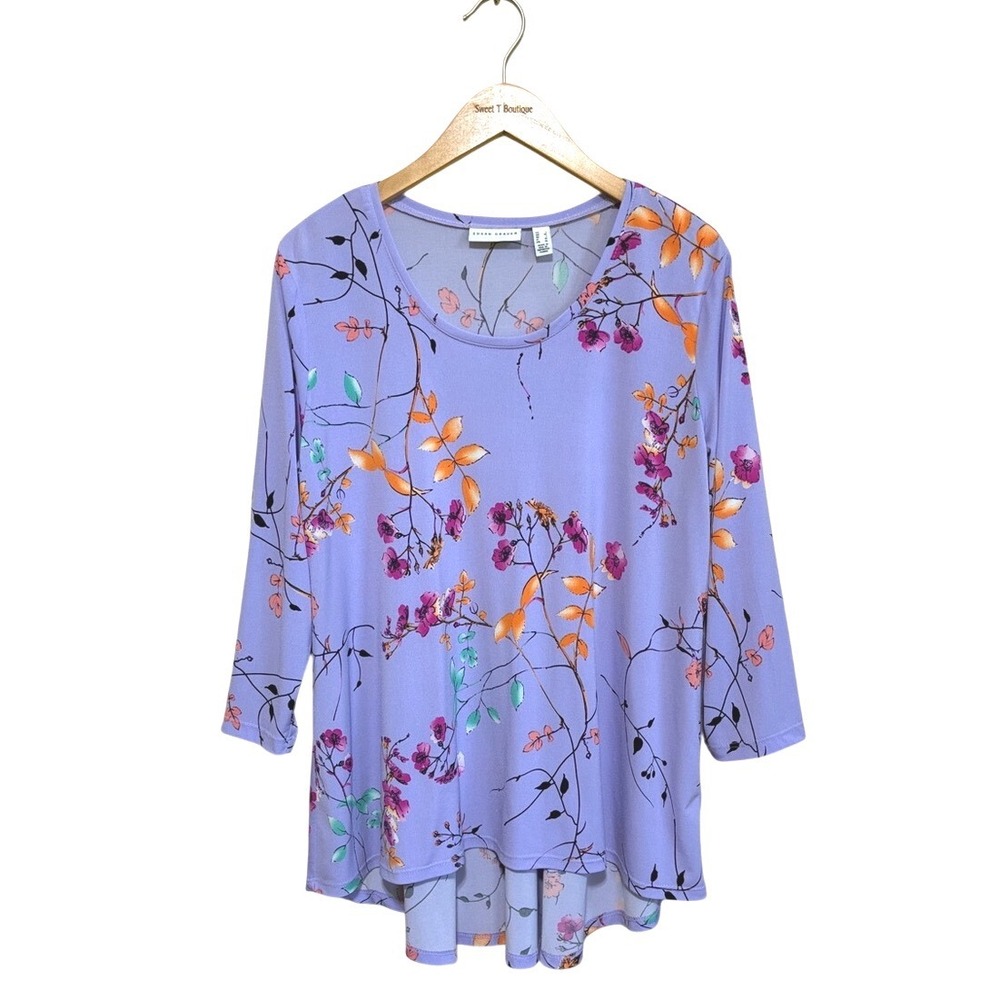 Susan Graver Liquid Knit Large Lavender Spring Floral Tunic Top Office Feminine